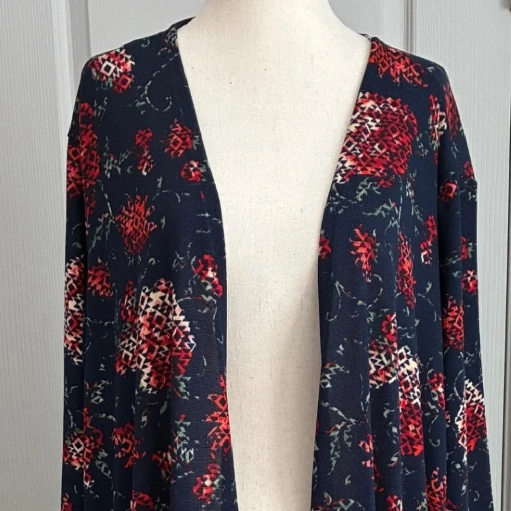 LuLaRoe Joy Duster Vest Womens XL Navy Blue Red Geometric Floral Longline Pocket